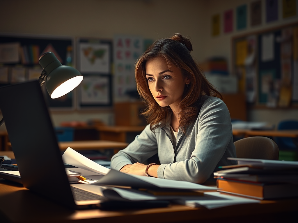 AI generated picture of a female teacher sitting at her desk after school